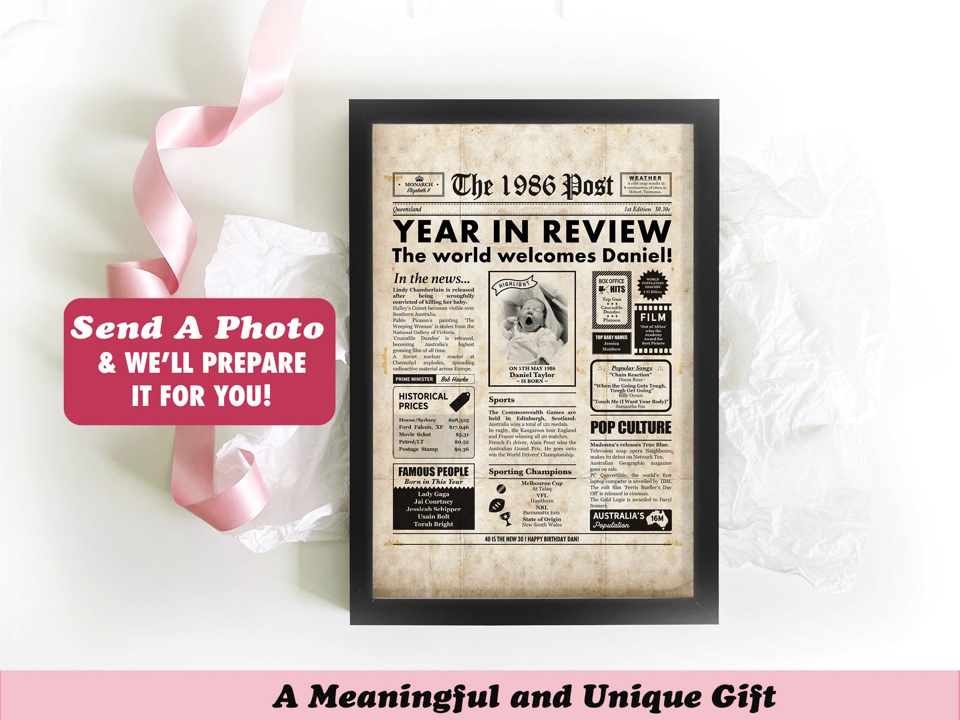 40th birthday newspaper poster from Zochi displaying a year in review on a vintage background.