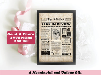 40th birthday newspaper poster from Zochi displaying a year in review on a vintage background.