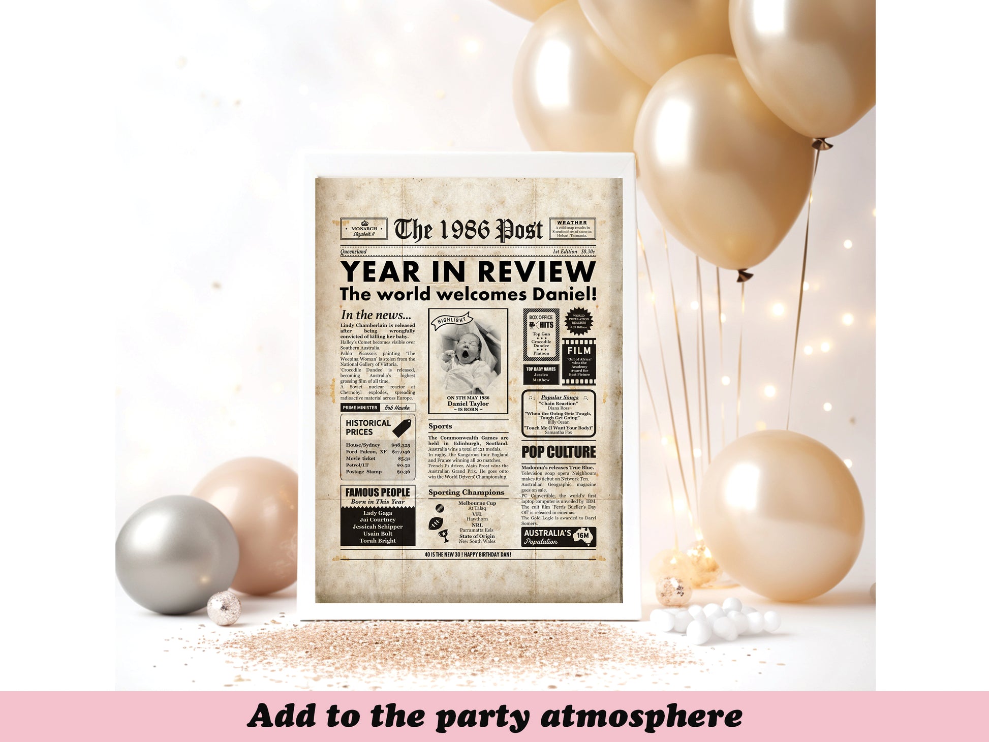 Customized 40th birthday poster with a newspaper theme, featuring news headlines and a photograph of the birthday person.