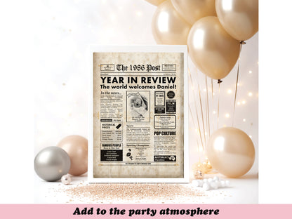 Customized 40th birthday poster with a newspaper theme, featuring news headlines and a photograph of the birthday person.