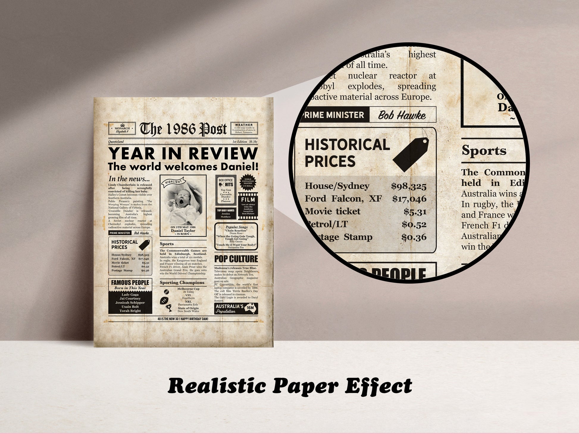 Vintage digital newspaper poster with 1986 headlines, for a fortieth birthday.