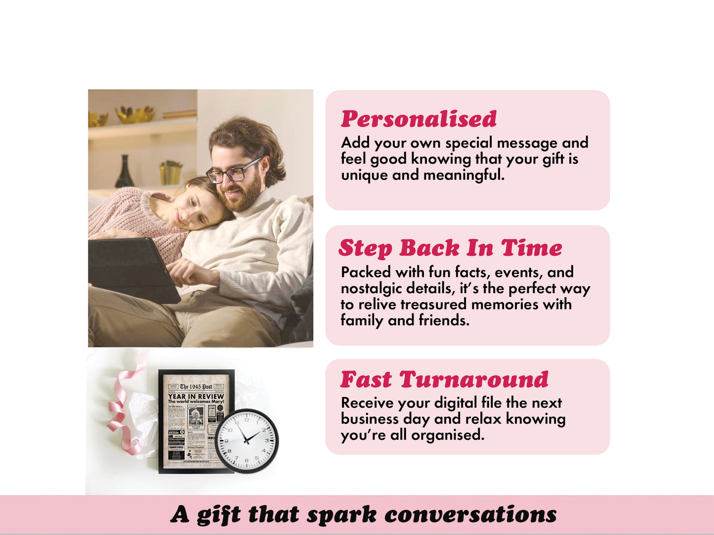 Customisable digital newspaper poster with a clock nearby.