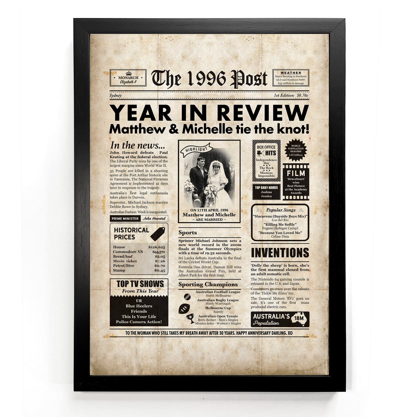 30th Anniversary Newspaper Framed Print