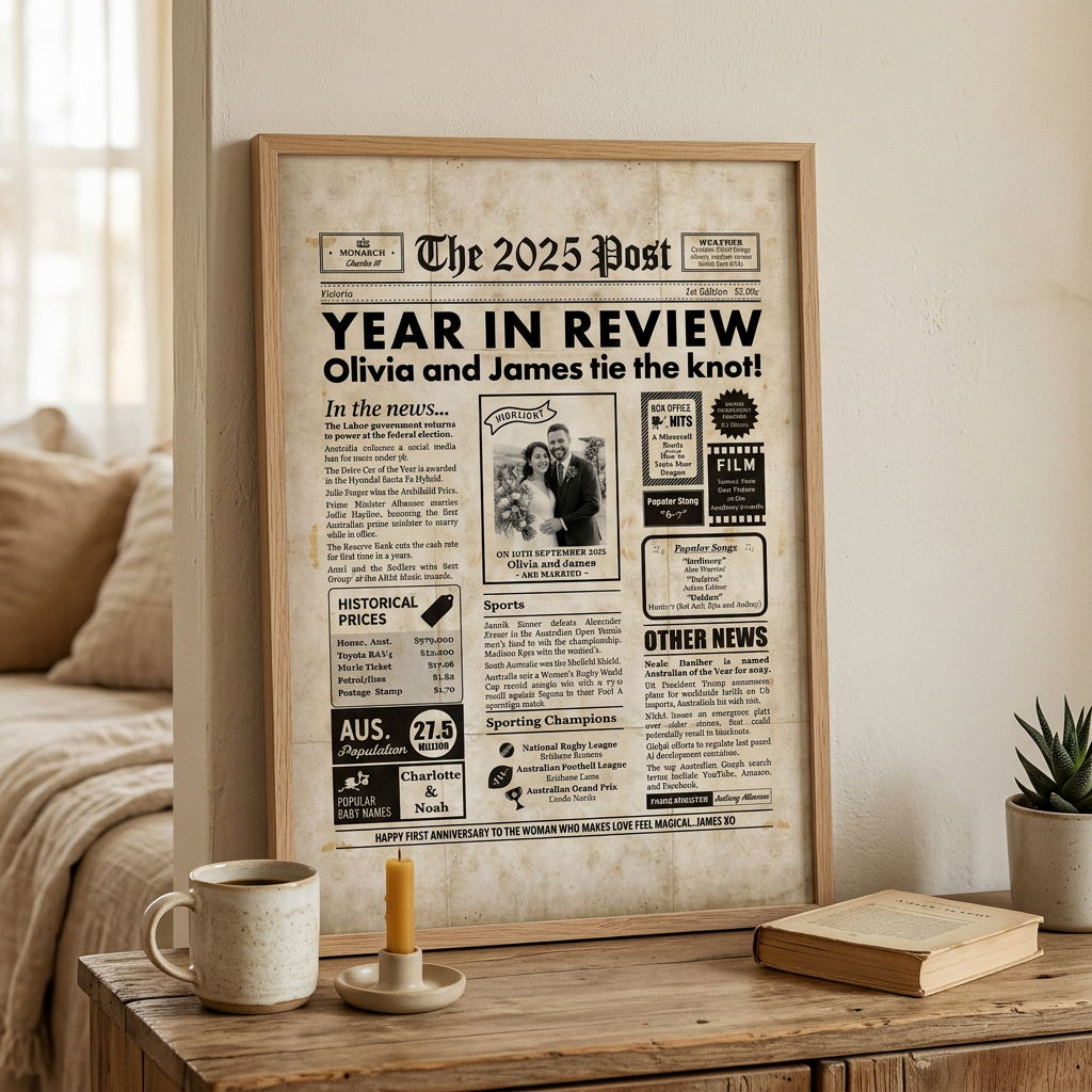 Framed newspaper with 'Year in Review' section on a wooden table with decor items.