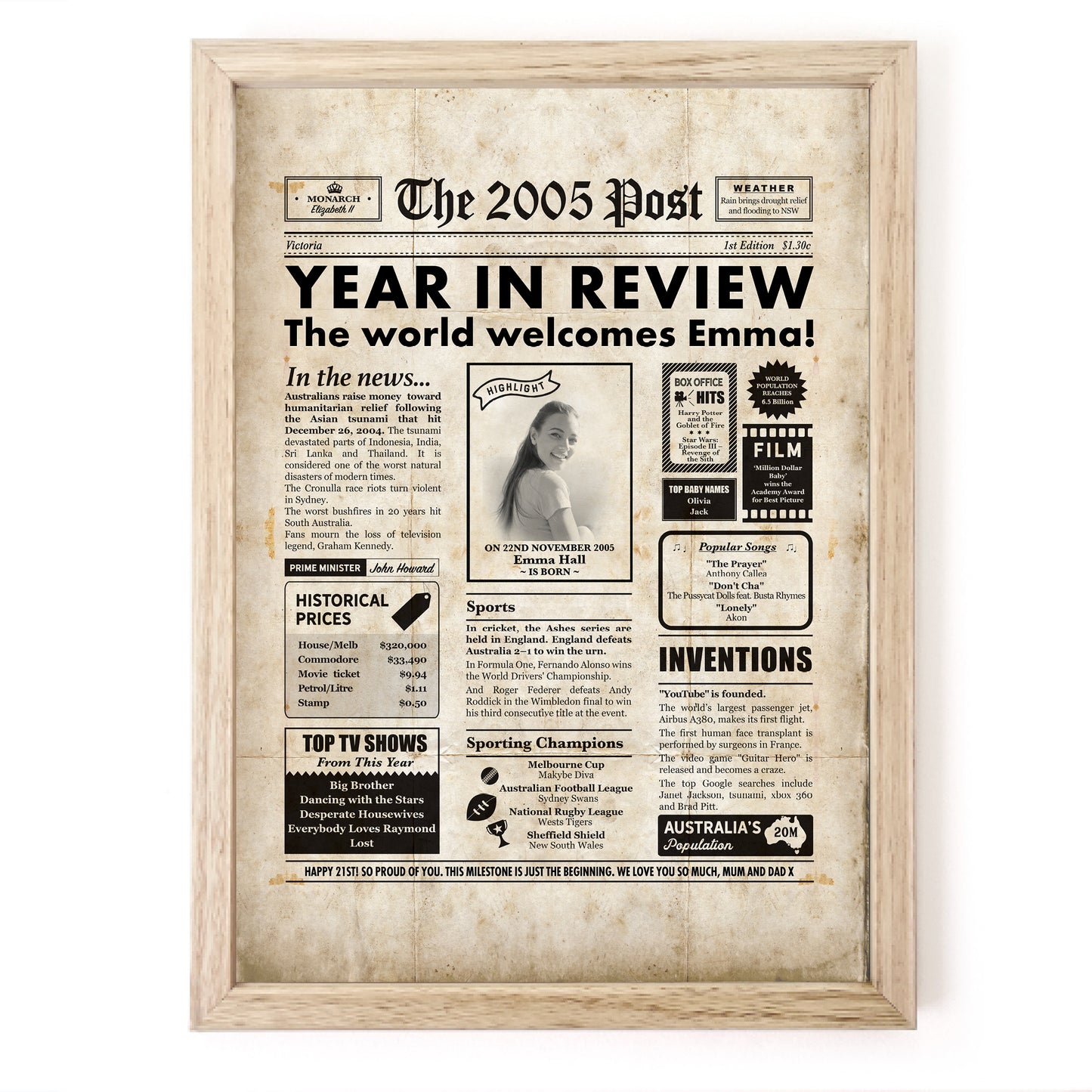21st Birthday Newspaper Framed Print