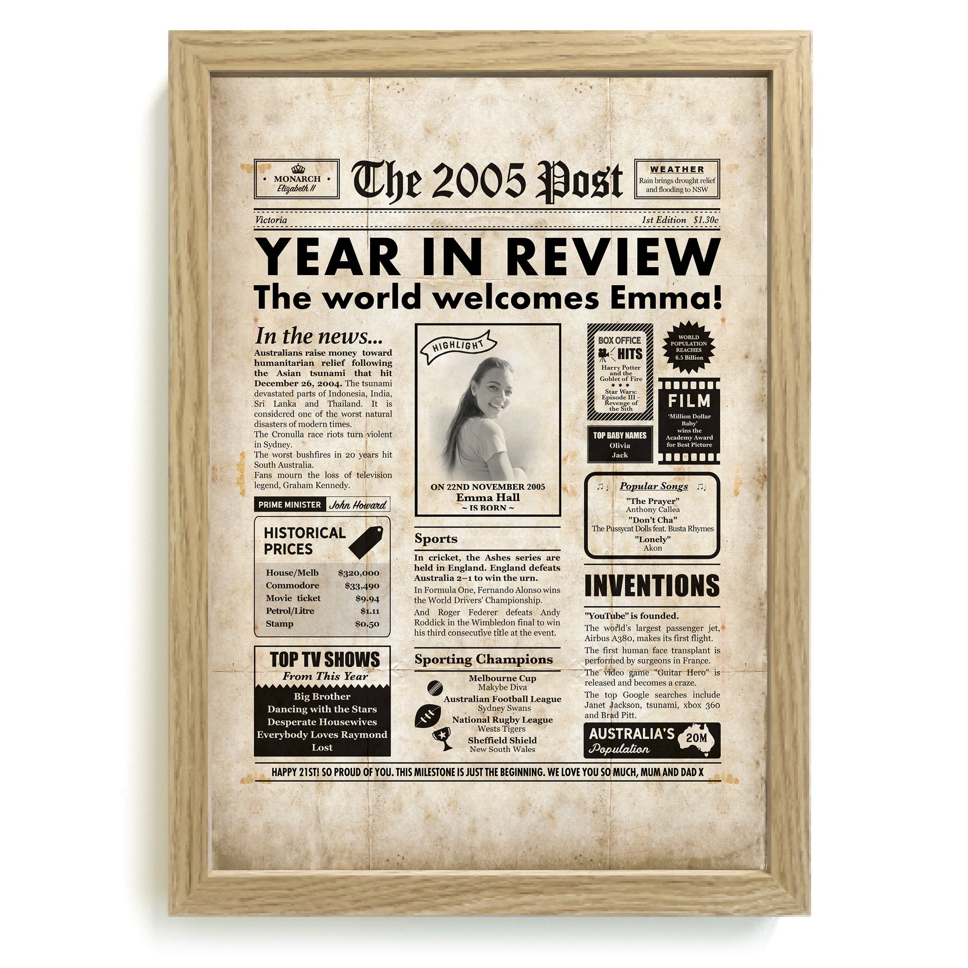 Personalized newspaper poster with "The 2005 Post" headline, commemorating a birthday.