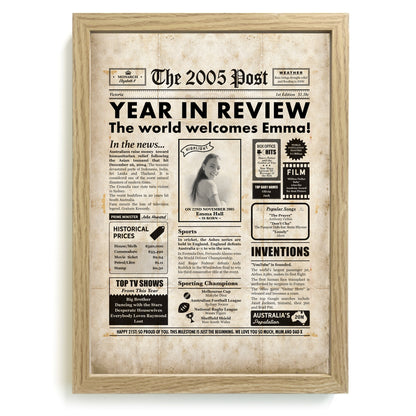 Personalized newspaper poster with "The 2005 Post" headline, commemorating a birthday.