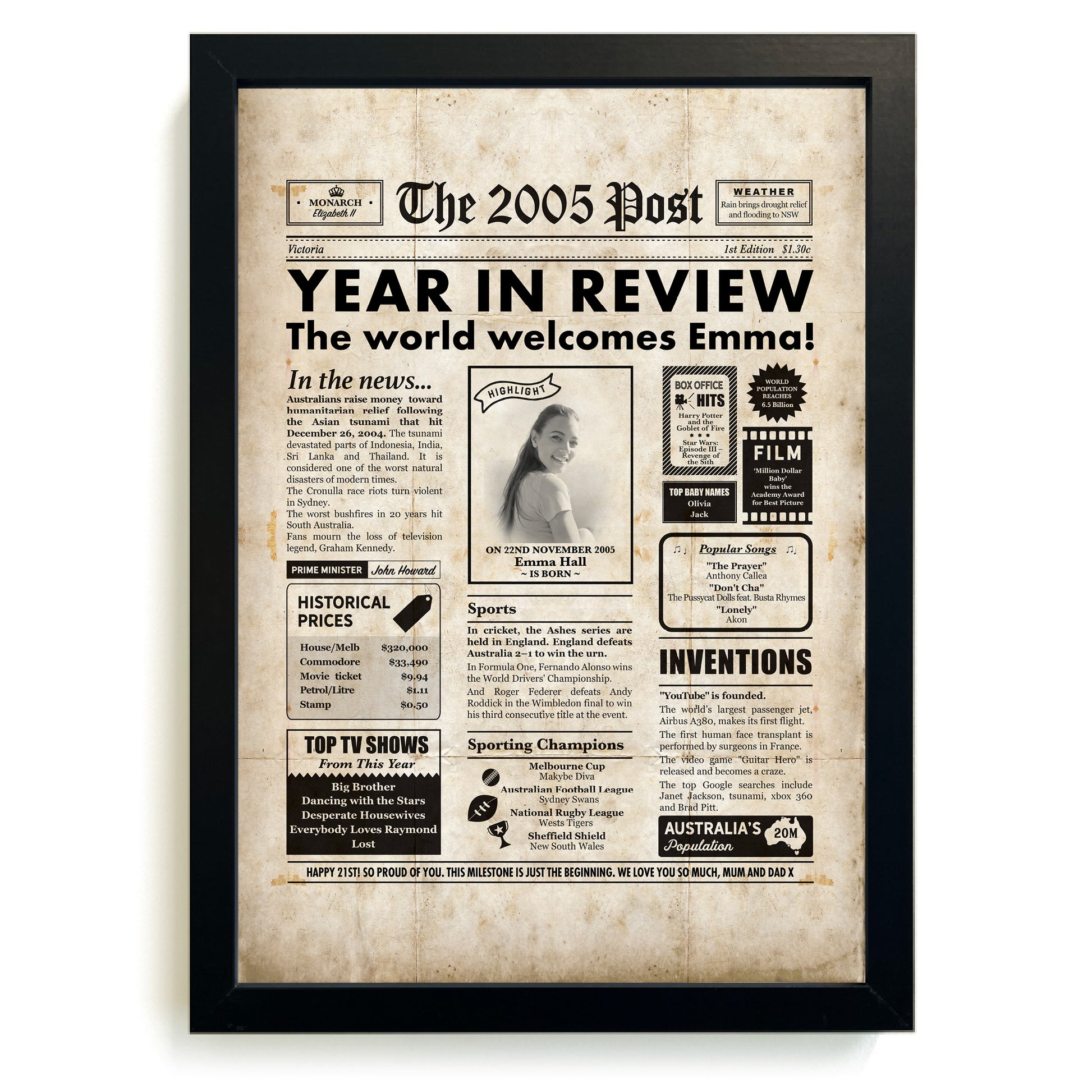 Personalized newspaper poster celebrating the year of birth, with a black frame.