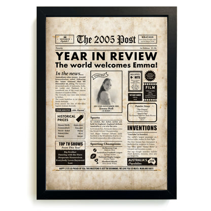 Personalized newspaper poster celebrating the year of birth, with a black frame.