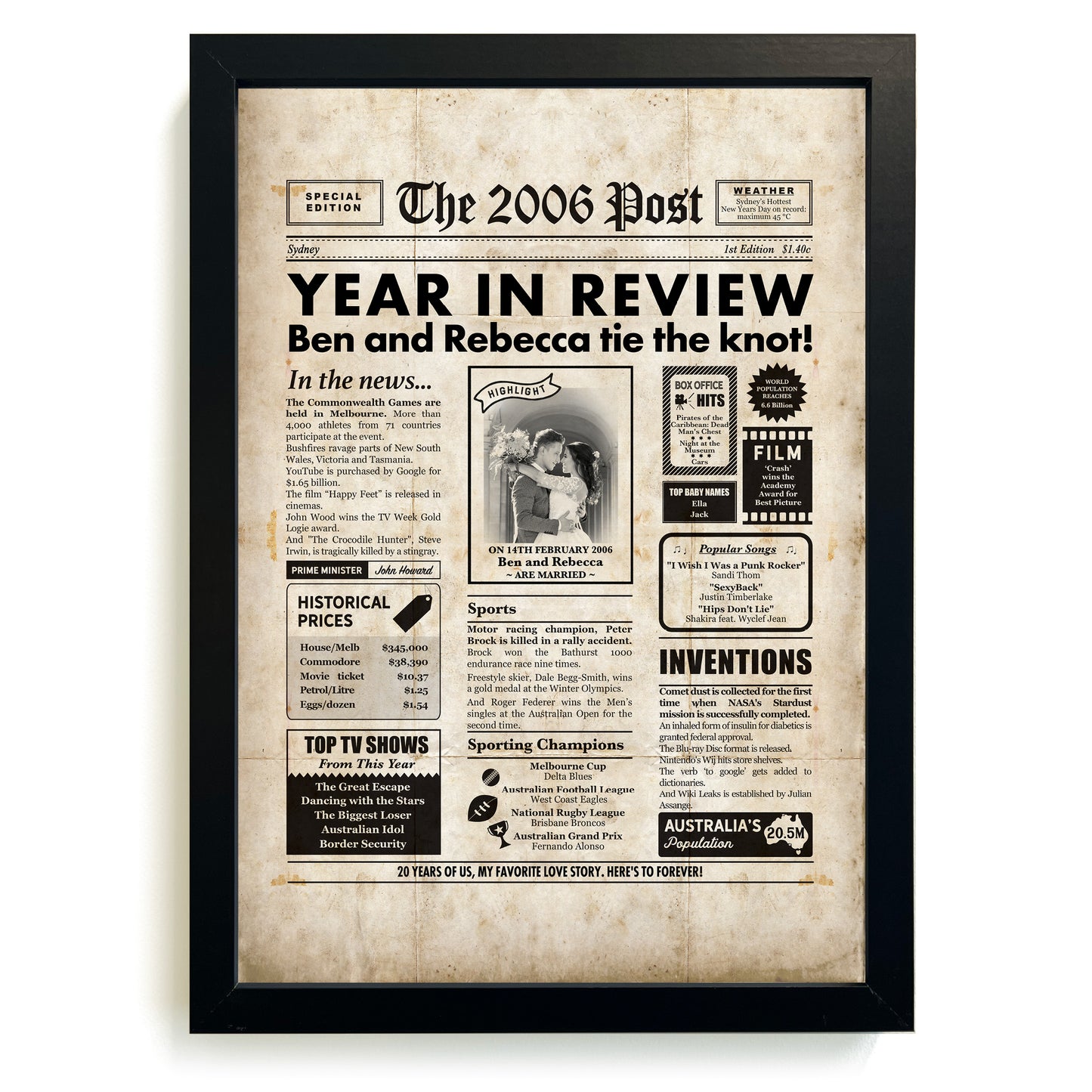 20th Anniversary Newspaper Framed Print