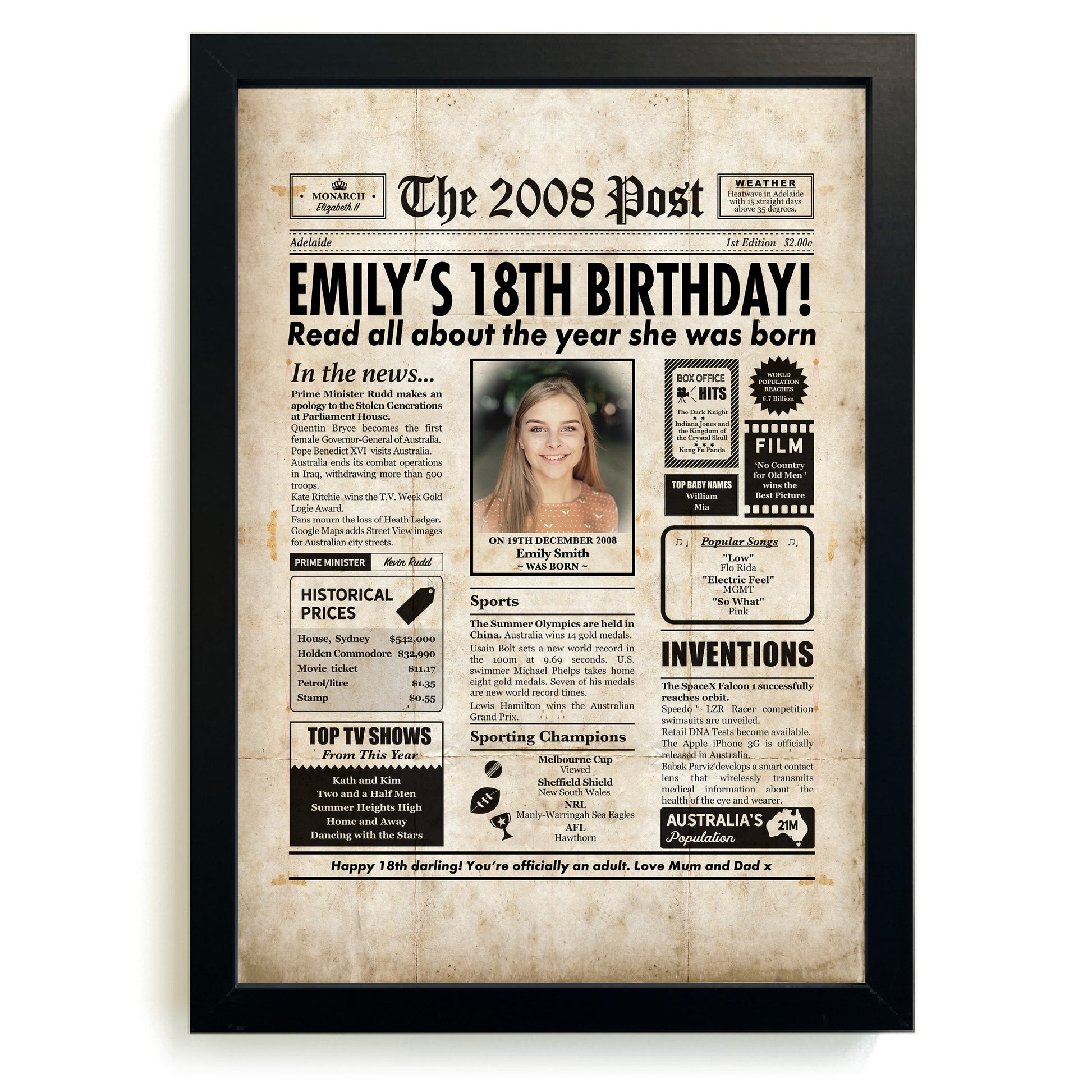 Framed newspaper-style poster celebrating Emily's 18th birthday with a vintage design.