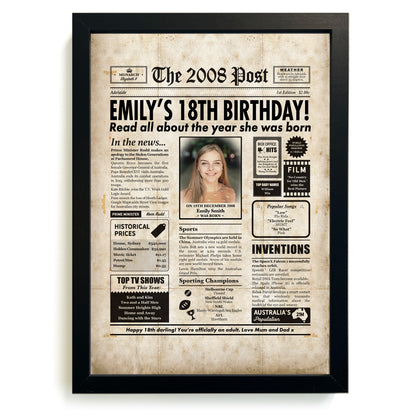 Framed newspaper-style poster celebrating Emily's 18th birthday with a vintage design.