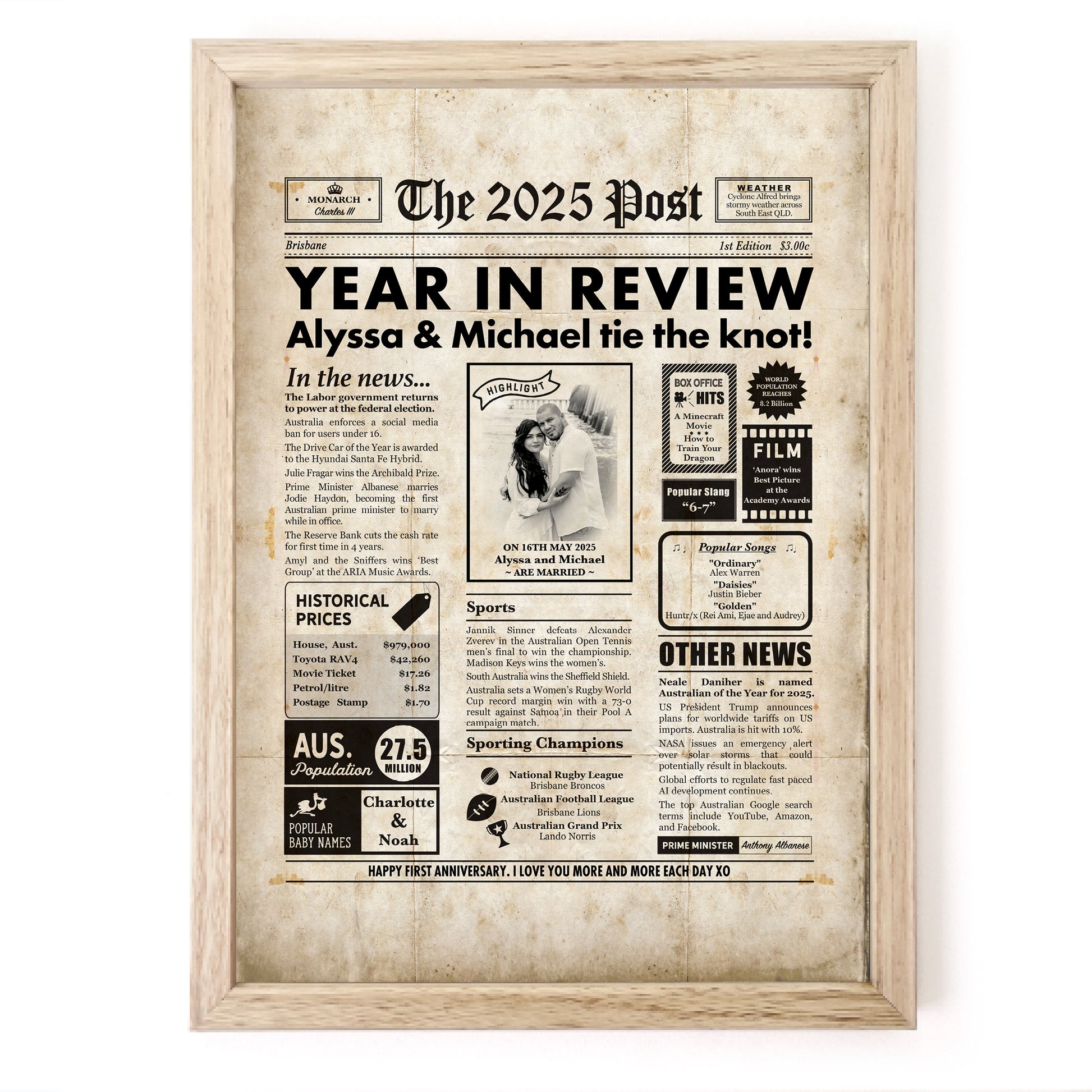 Anniversary newspaper print for a 1 year celebration, framed, featuring personalised details and a vintage-inspired design.