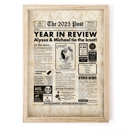 Anniversary newspaper print for a 1 year celebration, framed, featuring personalised details and a vintage-inspired design.