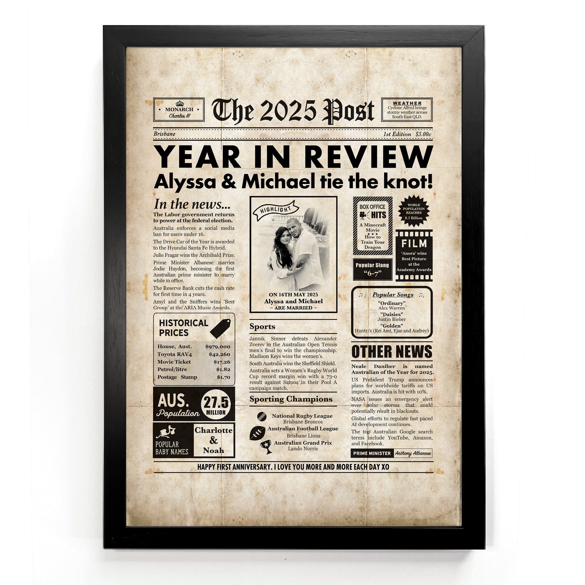 Vintage newspaper anniversary print from The 2025 Post in a black frame.