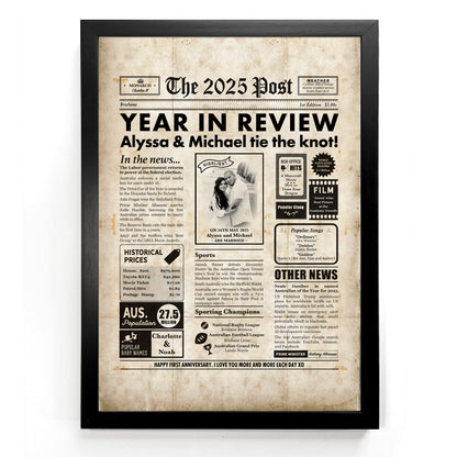 Vintage newspaper anniversary print from The 2025 Post in a black frame.
