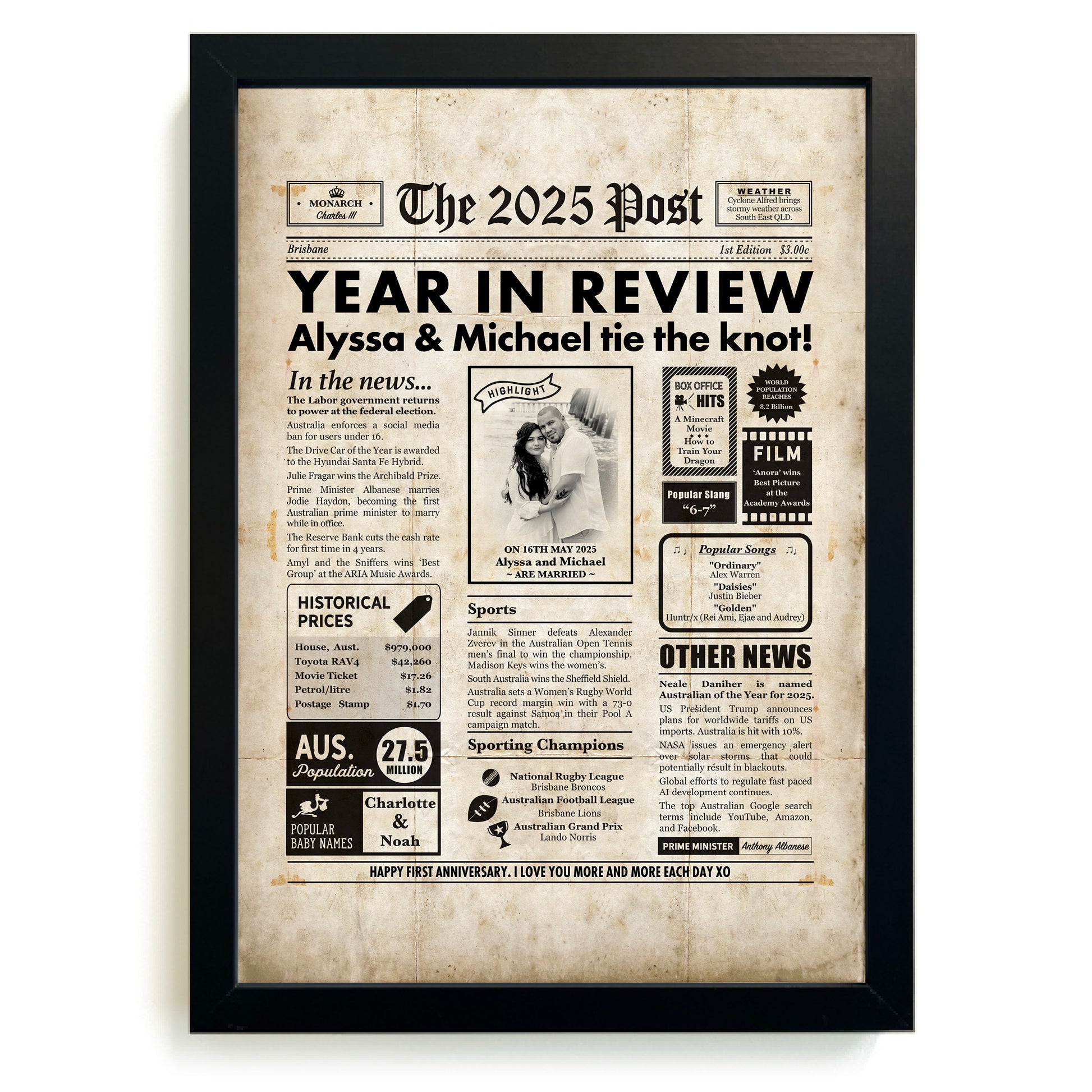Framed paper anniversary print by Milestones Studio, designed like a newspaper with Personalised details in a black frame.