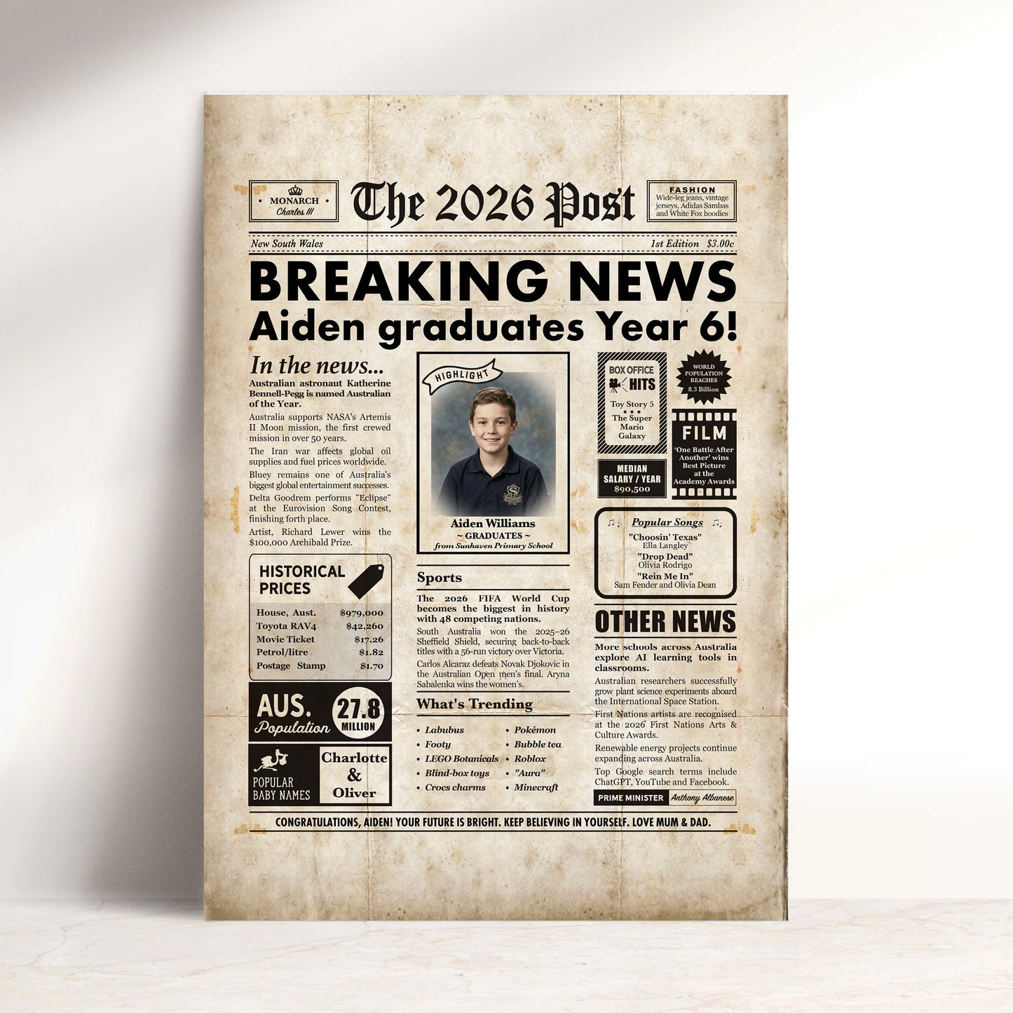 Graduation Gift for Year 6 and Year 12 Students - 2026 Custom Australian Digital Newspaper