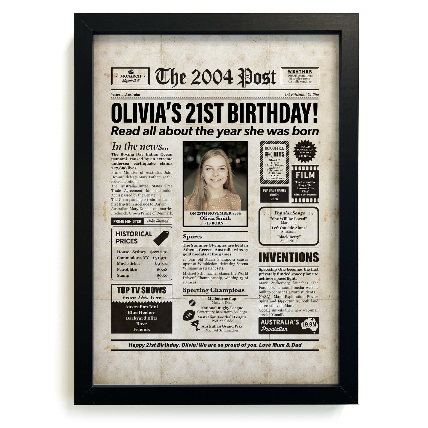 Framed 2004 21st Birthday Personalised Newspaper Gift with Australian Facts