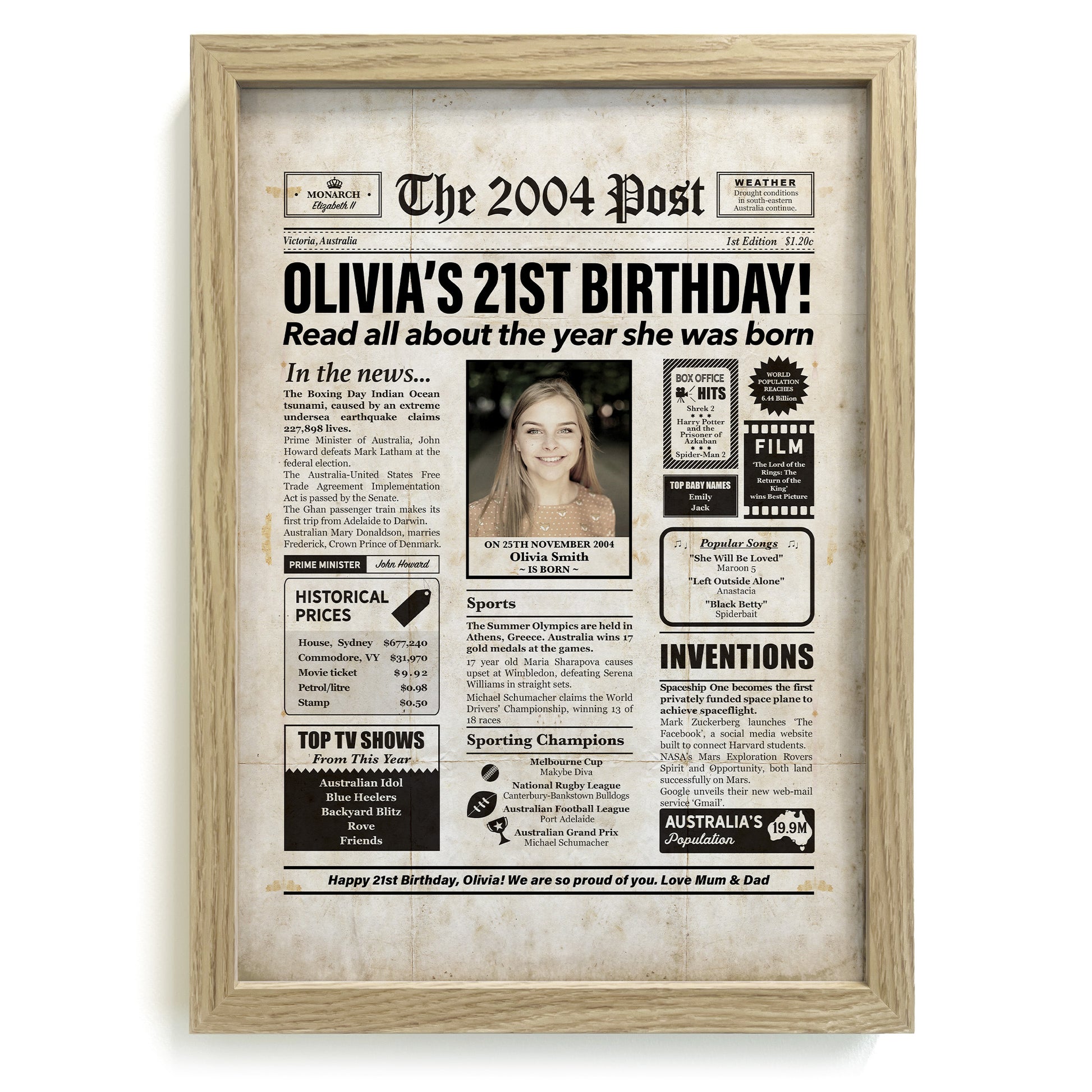 Framed 2004 21st Birthday Personalised Newspaper Gift with Australian Facts