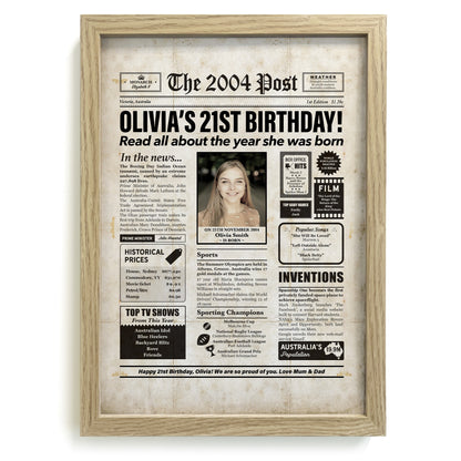 Framed 2004 21st Birthday Personalised Newspaper Gift with Australian Facts