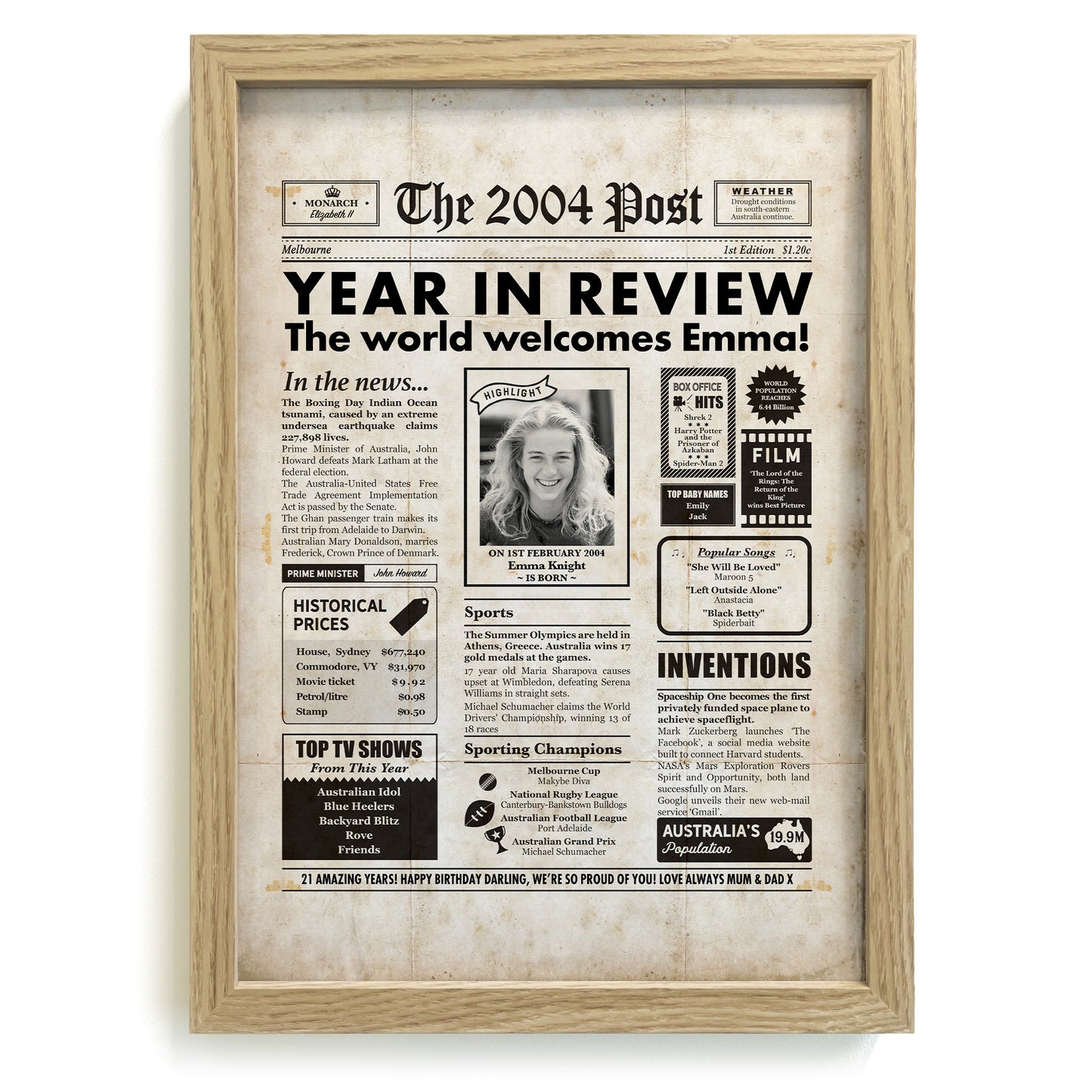 2004 21st Birthday year you were born newspaper in natural frame