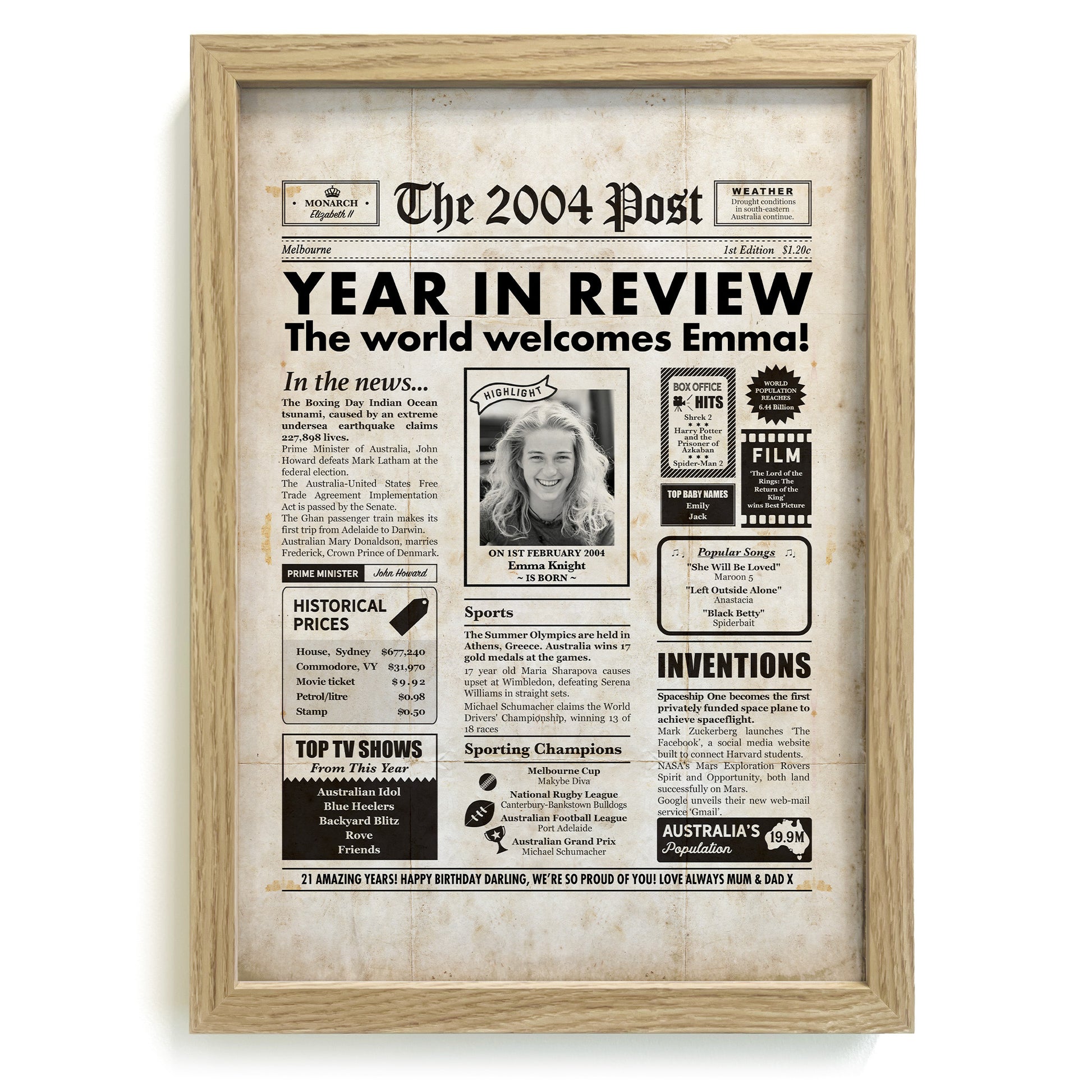 2004 21st Birthday year you were born newspaper in natural frame