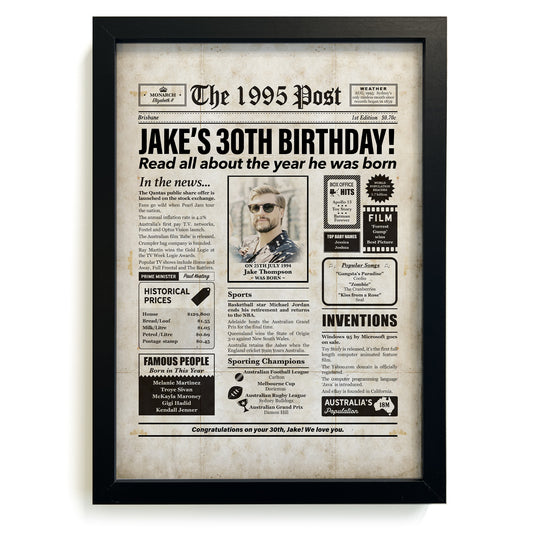 Framed 1995 30th Birthday Personalised Newspaper Gift with Australian Facts