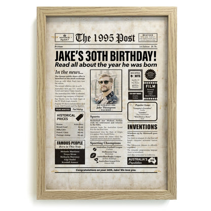 Framed 1995 30th Birthday Personalised Newspaper Gift with Australian Facts