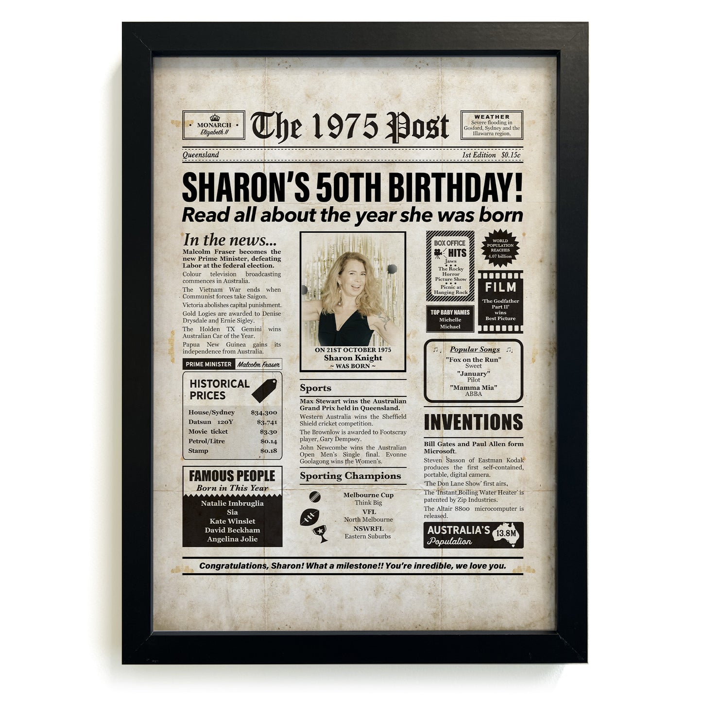 Framed 1975 50th Birthday Personalised Newspaper Gift with Australian Facts
