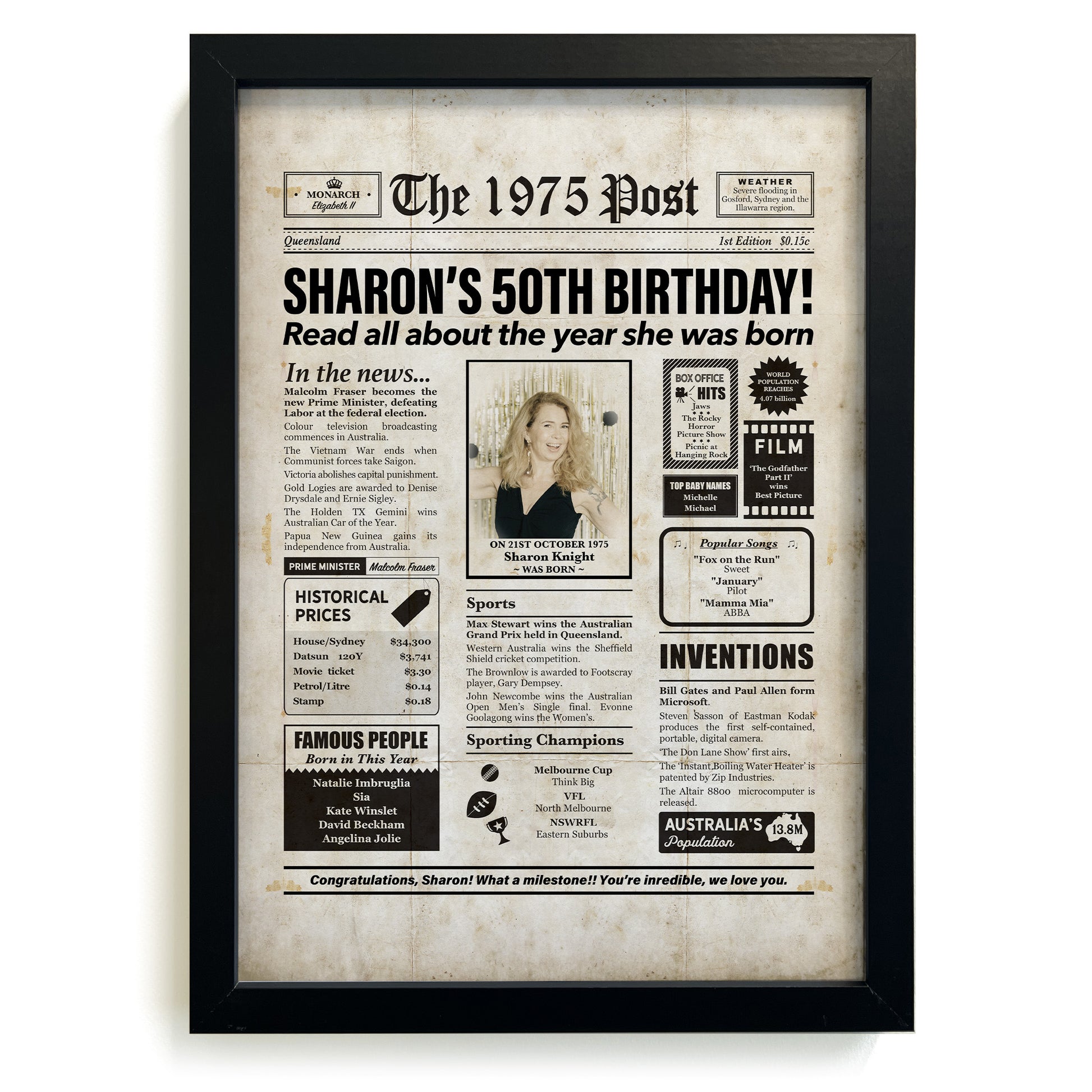 Framed 1975 50th Birthday Personalised Newspaper Gift with Australian Facts