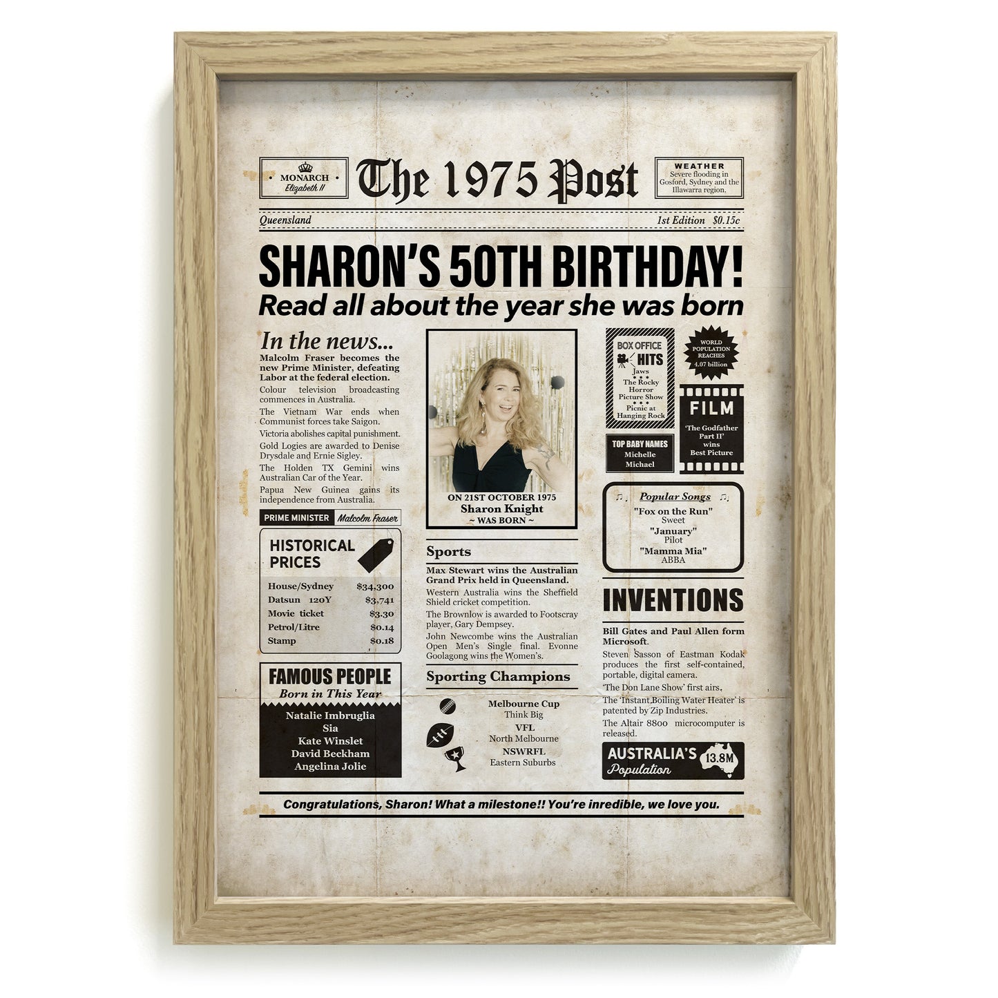 Framed 1975 50th Birthday Personalised Newspaper Gift with Australian Facts