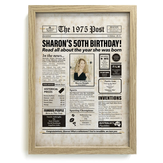 Framed 1975 50th Birthday Personalised Newspaper Gift with Australian Facts