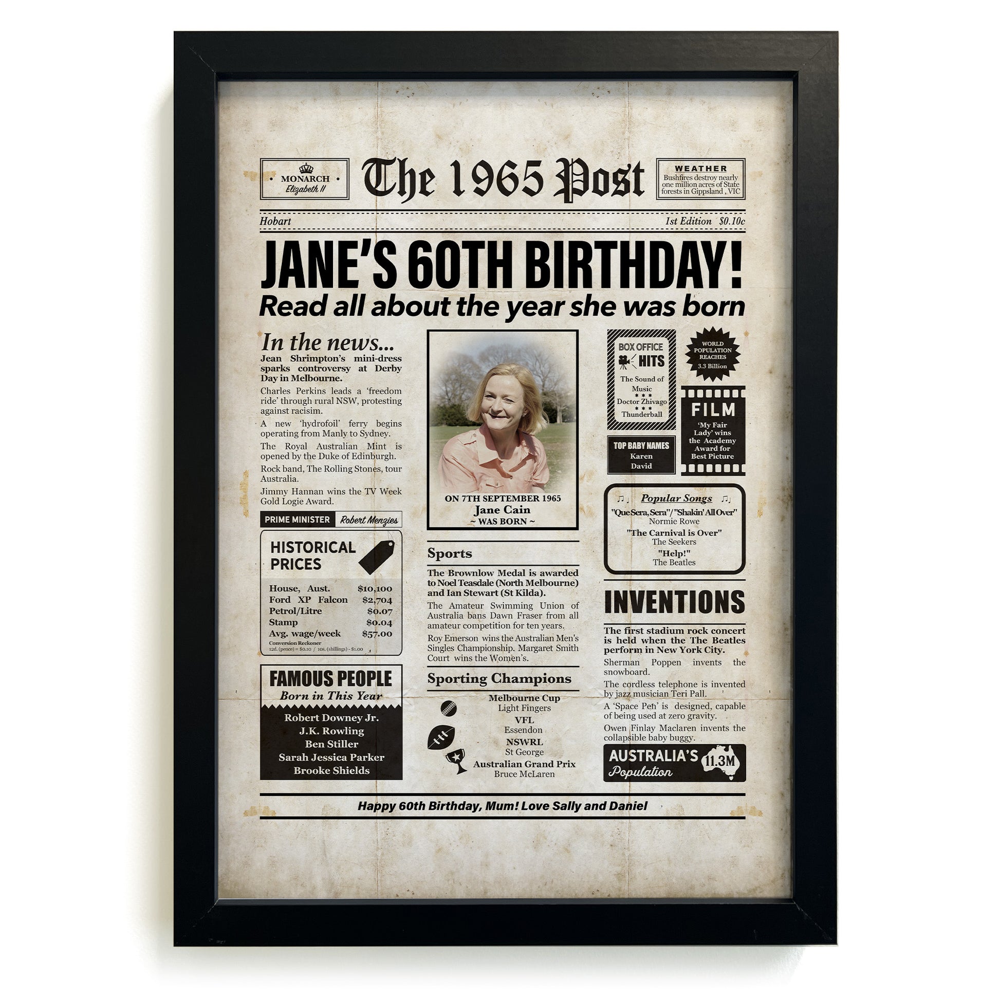 Framed 1965 60th Birthday Personalised Newspaper Gift with Australian Facts