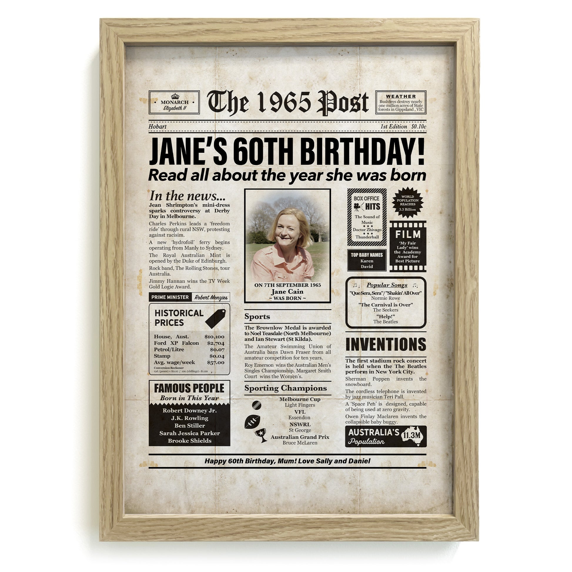 Framed 1965 60th Birthday Personalised Newspaper Gift with Australian Facts