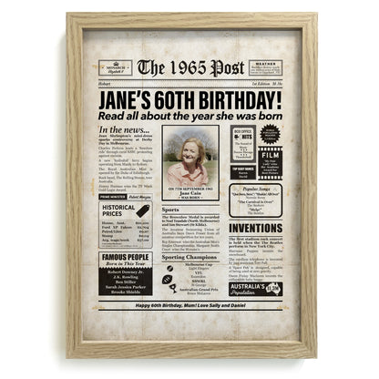 Framed 1965 60th Birthday Personalised Newspaper Gift with Australian Facts