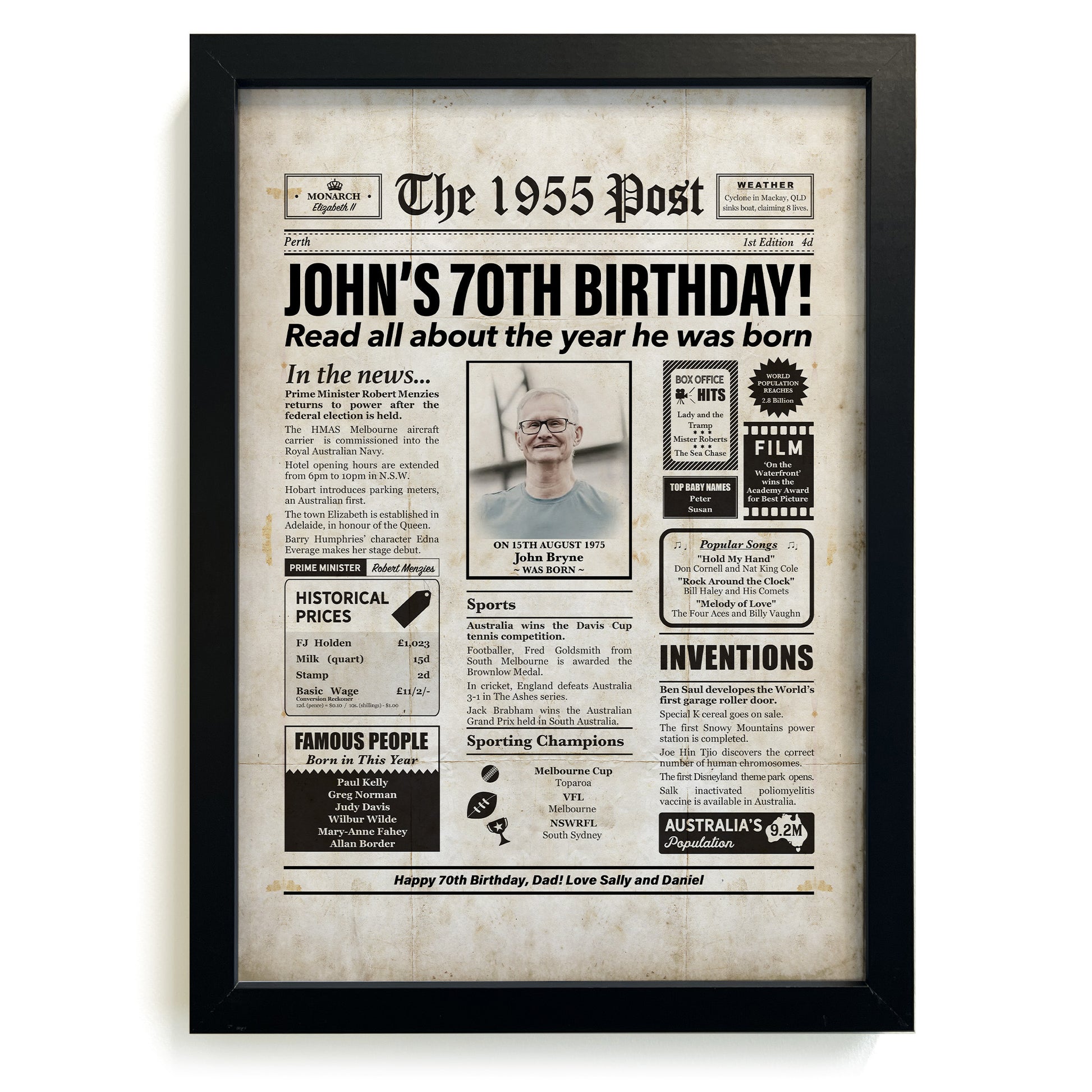 Framed 1955 70th Birthday Personalised Newspaper Gift with Australian Facts