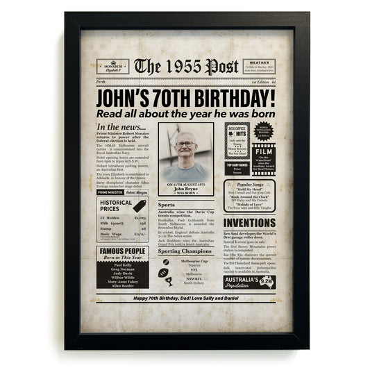 Framed 1955 70th Birthday Personalised Newspaper Gift with Australian Facts