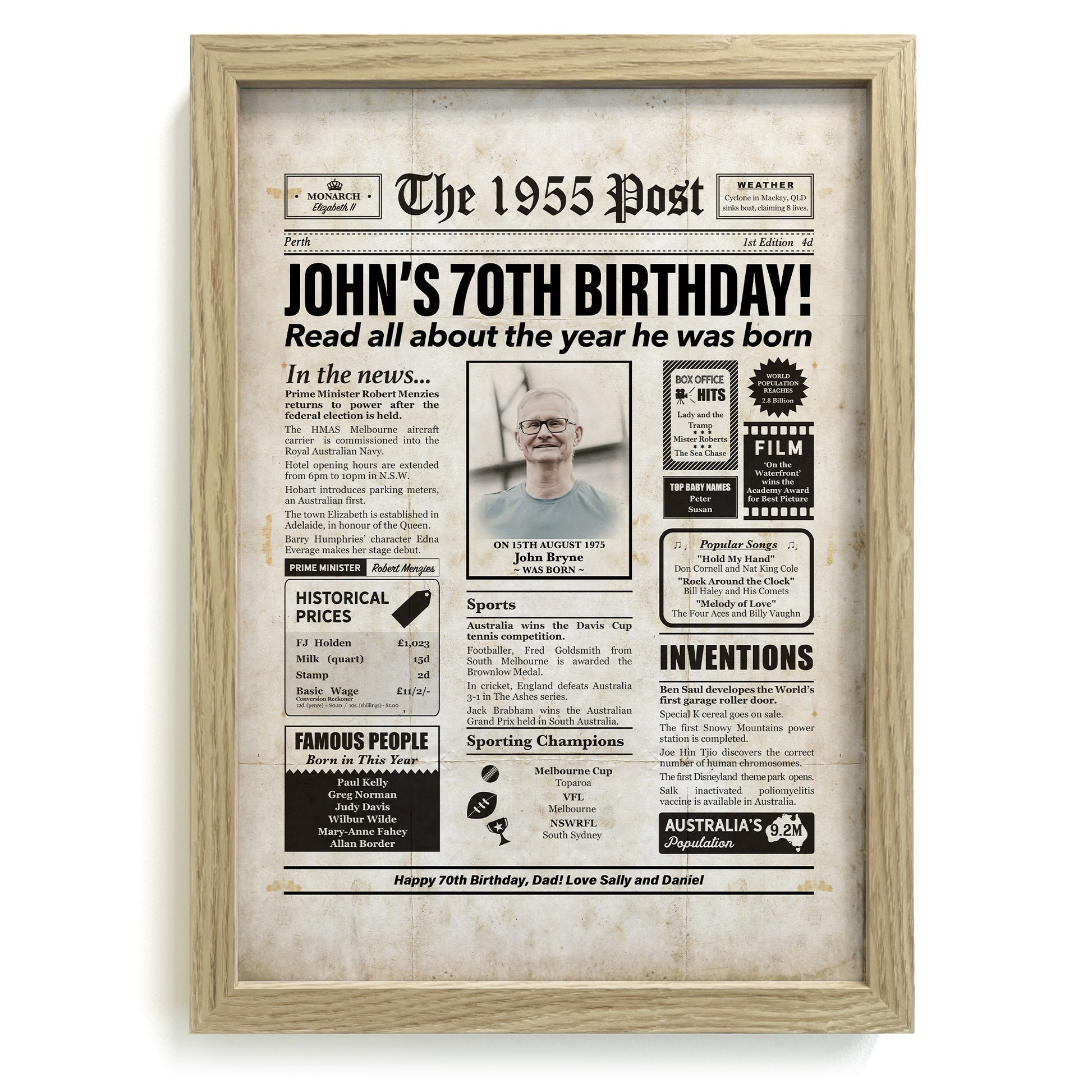 Framed 1955 70th Birthday Personalised Newspaper Gift with Australian Facts