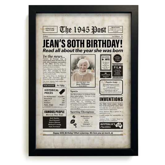 Framed 1945 80th Birthday Personalised Newspaper Gift with Australian Facts