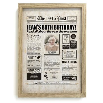 Framed 1945 80th Birthday Personalised Newspaper Gift with Australian Facts