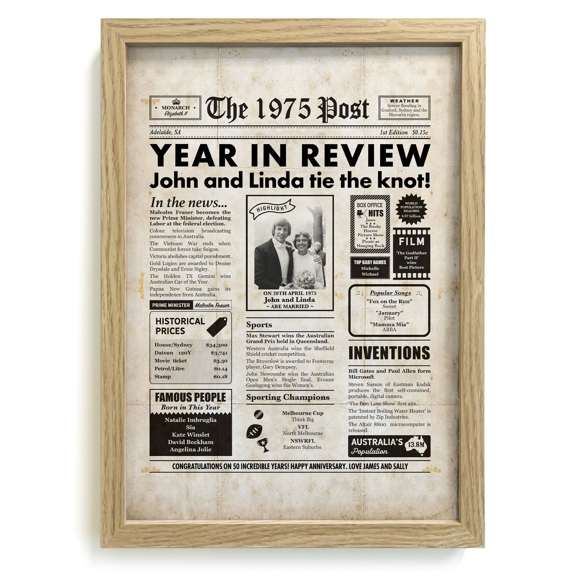50th wedding anniversary personalised print in natural frame