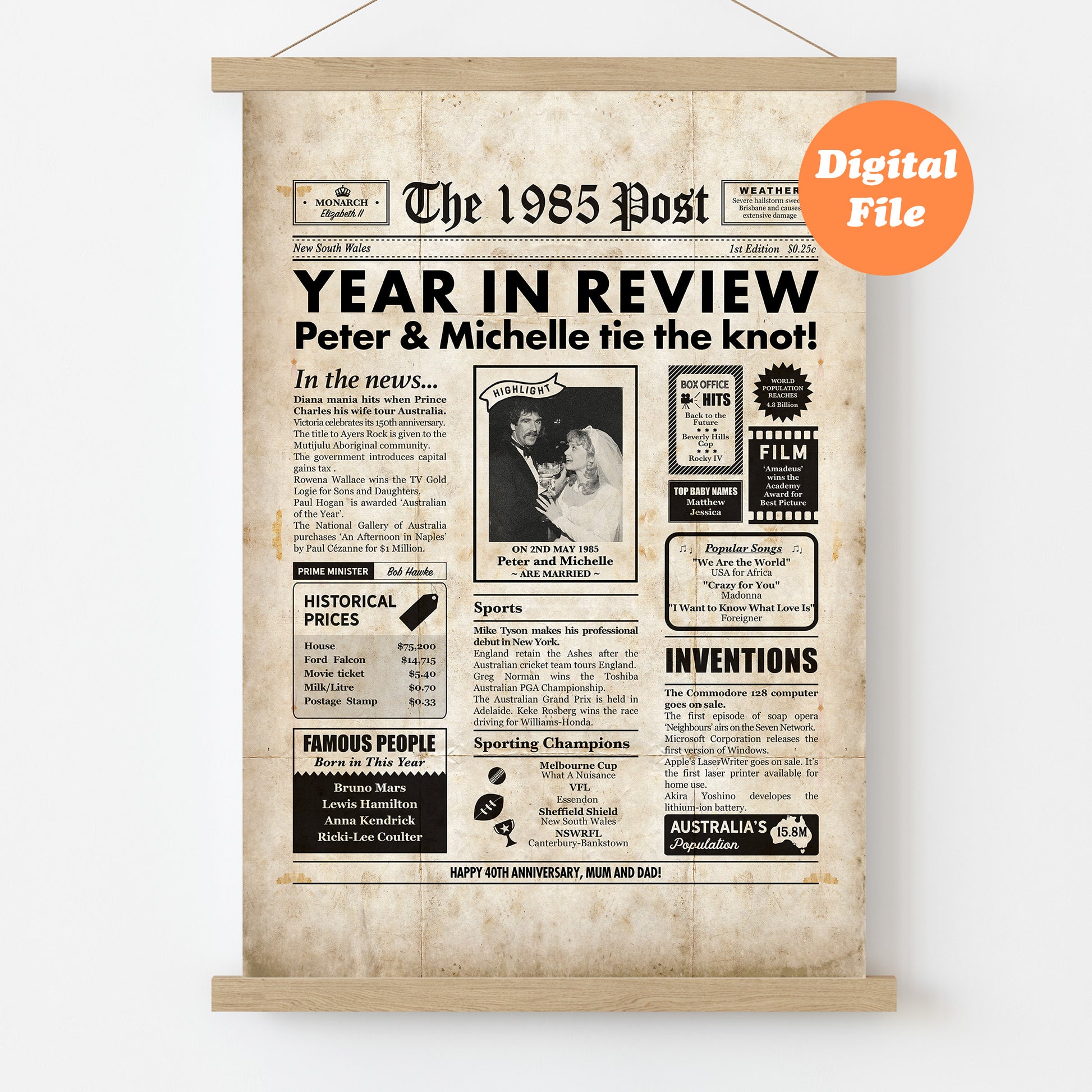 Framed newspaper-style poster with '1985 Post' design, featuring text and images on a white background.