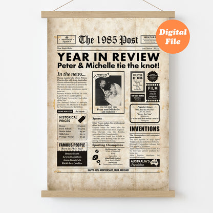 Framed newspaper-style poster with '1985 Post' design, featuring text and images on a white background.