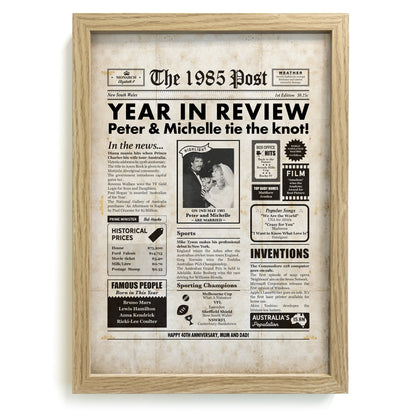 40th anniversary newspaper personalised gift in natural frame