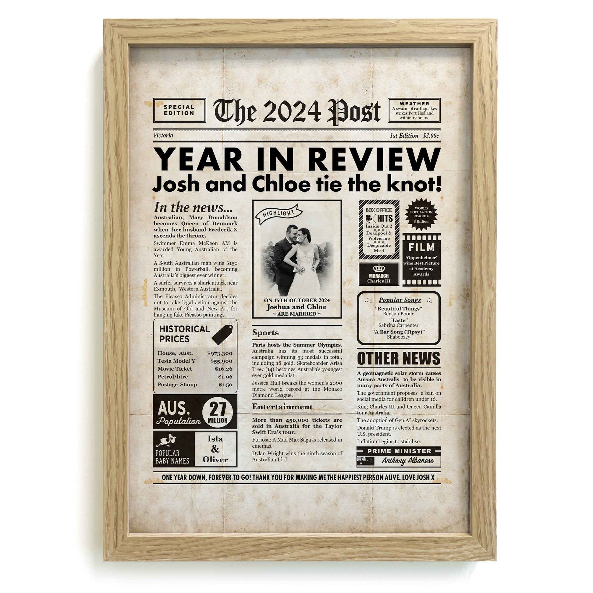 2024 1 Year Wedding Anniversary Personalised Newspaper in Frame