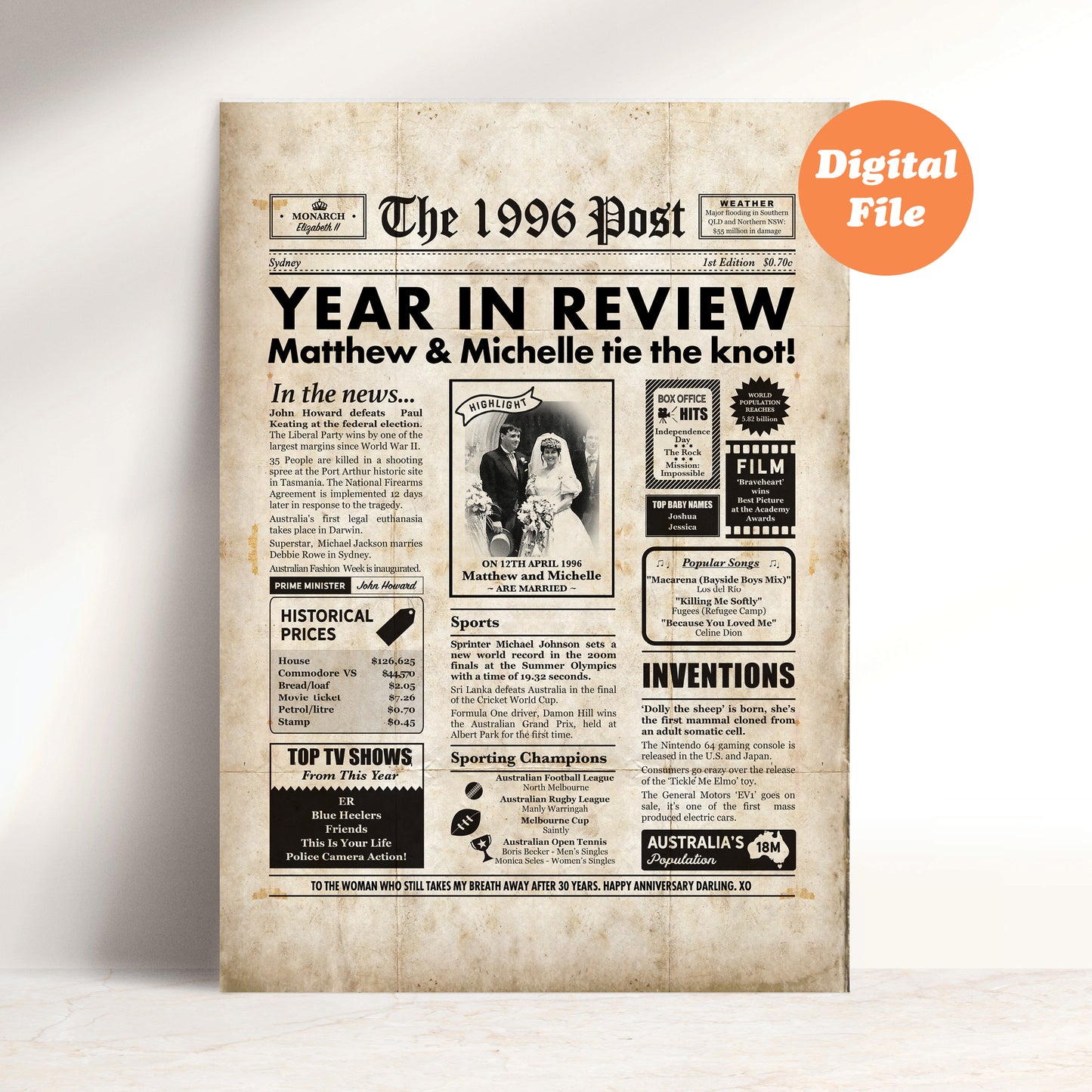 30th Wedding Anniversary Gift, Personalised Digital Newspaper Print