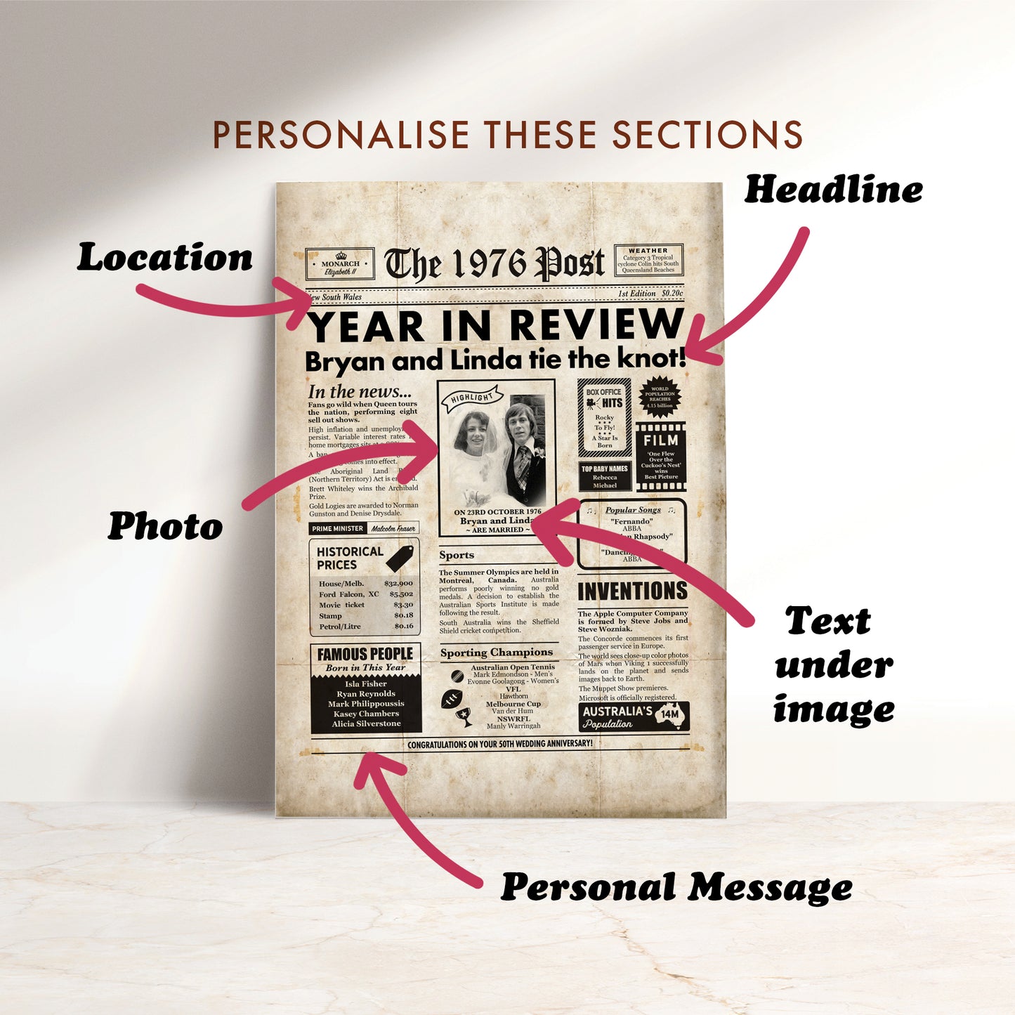 50th Wedding Anniversary Gift, Personalised Digital Newspaper Print
