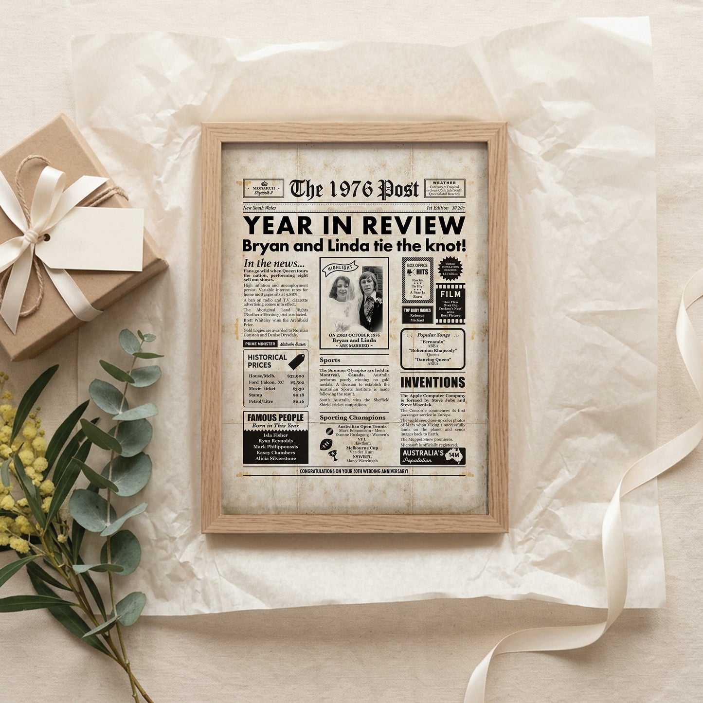 50th Wedding Anniversary Gift, Personalised Digital Newspaper Print