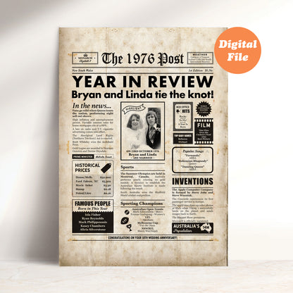 50th Wedding Anniversary Gift, Personalised Digital Newspaper Print